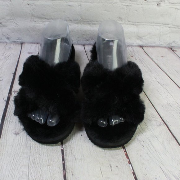 Michael Kors Lala Black Fluffy Faux Slip On Furry Slippers Size 6.5 - Picture 5 of 9